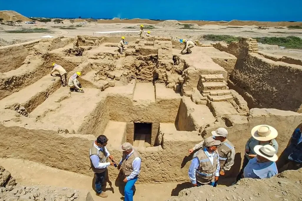 A staircase leads into the central chamber of the newly discovered tomb near Trujillo, Peru.