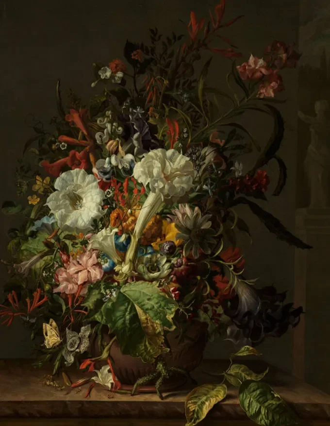 A 1730s still-life painting by Dutch artist Rachel Ruysch featuring a dense arrangement of colorful flowers, leaves, and insects along with a carrion flower.
