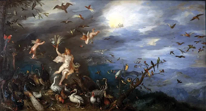 A 17th-century painting showing a nude woman surrounded by cherubs and a multitude of birds and other animals, with birds and bats filling a dramatic sky.